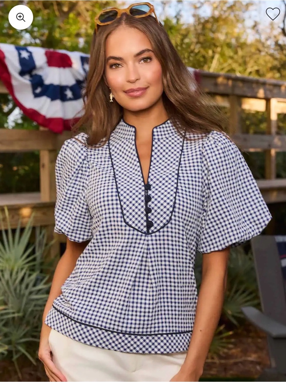 Gingham Split-Neck Puff Sleeve Top - Navy/White NWT